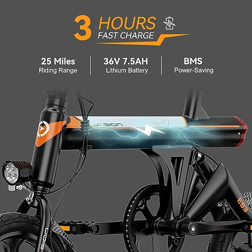 Jasion EB3 Electric Bike for Adults 21mph Folding Adults Electric Bicycles, 350W Brushless Motor, 36V 7.5Ah Battery, Center Suspension, 3 Levels Assist, 14" Foldable ebike for Adults and Teens