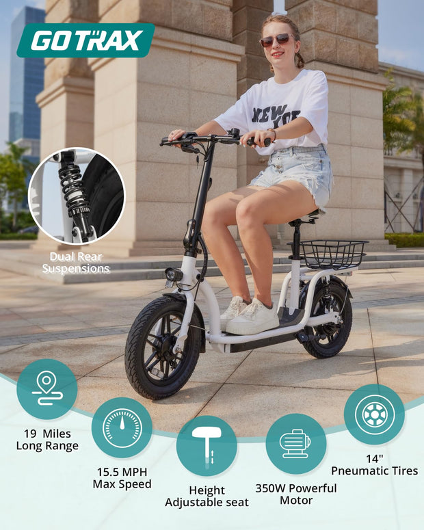 Gotrax Astro Electric Scooter with Seat, 14" Pneumatic Tire and 19 Miles Range&15.5Mph Power by 350W Motor, Comfortable Rear Dual Shock Absorption&Wider Seat, EBike with Carry Basket for Adult White