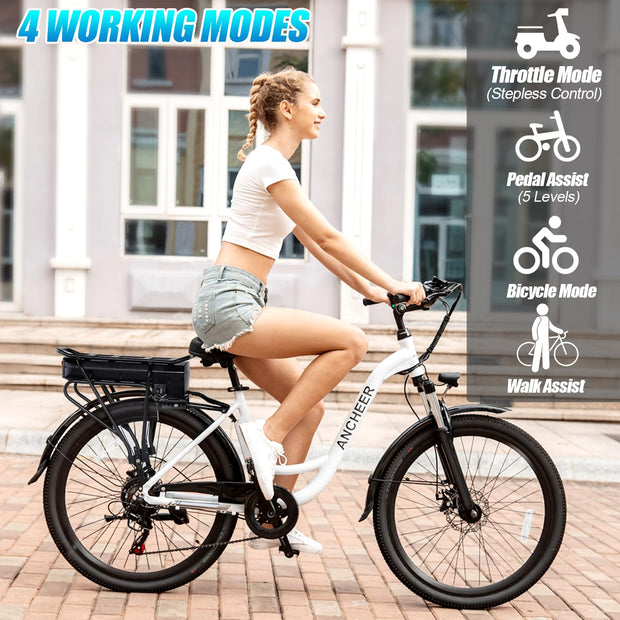 ANCHEER Electric Bike for Adults, 48V 500Wh EBike, UP to 60 Miles, Removable Battery, 3H Fast-Charge, 26" Commuter Electric Bicycles, 7-Speed, LCD Digital Display, Suspension Fork, Cruise Control