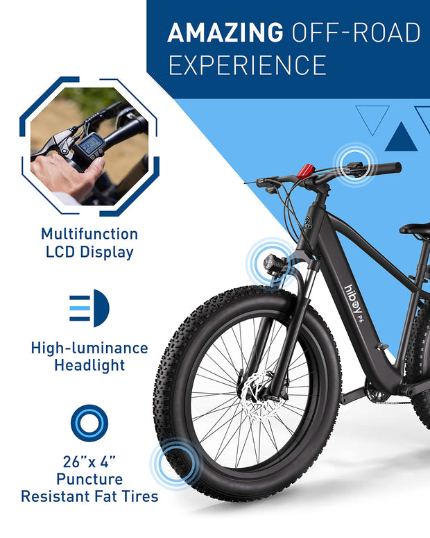 Hiboy P6 Electric Bike for Adults, 28MPH 62.1Miles Range 750W Motor 48V 13Ah Removable Battery Ebike, 26” x 4.0" Fat Tire Electric Mountain Bicycle, Shimano 9 Speed, Hydraulic Suspension, UL Certified