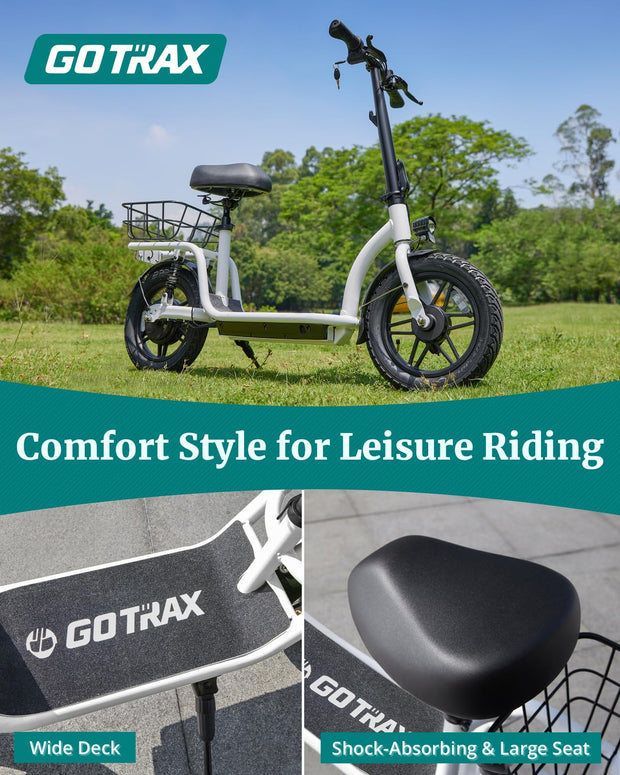 Gotrax Astro Electric Scooter with Seat, 14" Pneumatic Tire and 19 Miles Range&15.5Mph Power by 350W Motor, Comfortable Rear Dual Shock Absorption&Wider Seat, EBike with Carry Basket for Adult White