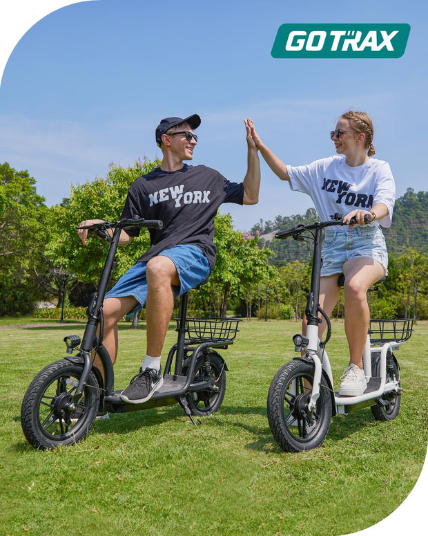 Gotrax Astro Electric Scooter with Seat, 14" Pneumatic Tire and 19 Miles Range&15.5Mph Power by 350W Motor, Comfortable Rear Dual Shock Absorption&Wider Seat, EBike with Carry Basket for Adult White