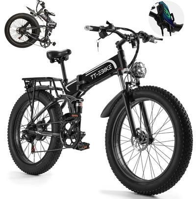 TT-EBIKE Folding Electric Bike Adults 2000W with 48V 23AH Removable Battery 26 inch 4.0 Fat Tire 38MPH Full Suspension Snow Mountain Beach Ebike with Professional Shim 7-Speed Gear