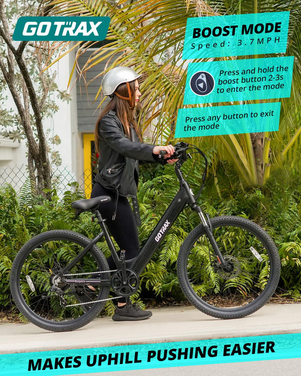 Gotrax Dolphin 26" Electric Bike, Max Range 30Miles(Pedal-assist1)&20Mph Power by 350W, 5 Pedal-Assist Levels&Front Suspension, 7-Speed&Boost Mode, City E-Bike for Adult Leisure Riding/Commuting