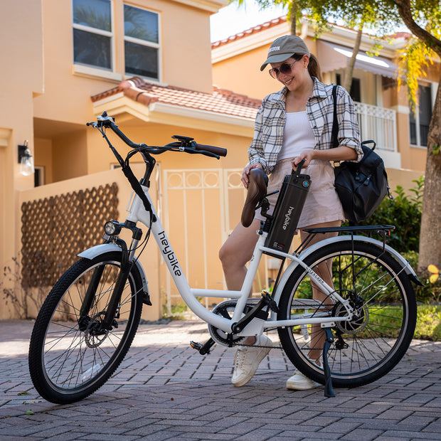 Heybike Cityscape Electric Bike 350W(Peak 500W) Electric City Cruiser Bicycle Up to 40 Miles Removable Battery, 7-Speed and Dual Shock Absorber, 26" Electric Commuter Bike for Adults